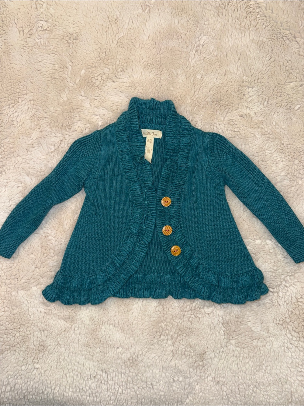 Matilda Jane Teal Ruffle-Trim Knit Cardigan with Wooden Buttons